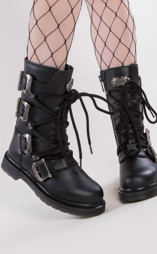 BOLT-265 Black Lace Up Buckle Boots-Demonia-Tragic Beautiful