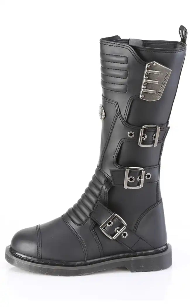 BOLT-405 Black Knee High Moto Boots-Demonia-Tragic Beautiful