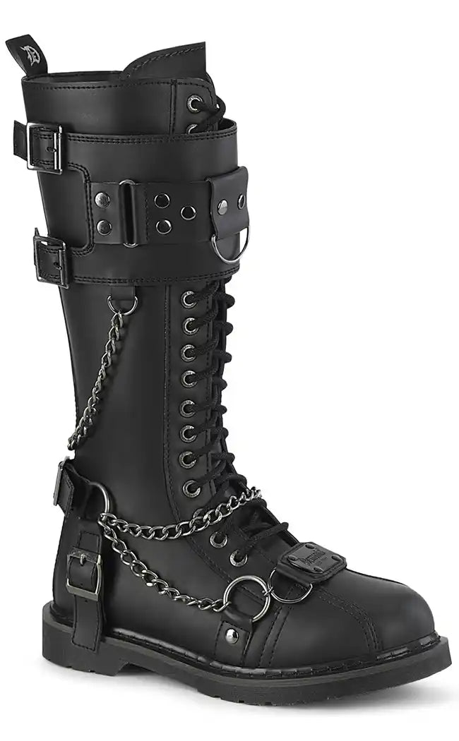 BOLT-415 Black Knee High Combat Boots-Demonia-Tragic Beautiful