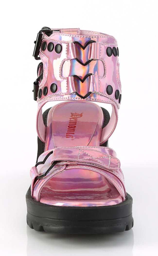 BRATTY-07 Pink Holo Chunky Heel Sandals-Demonia-Tragic Beautiful