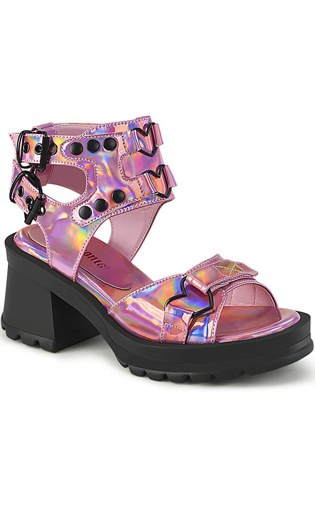 BRATTY-07 Pink Holo Chunky Heel Sandals-Demonia-Tragic Beautiful