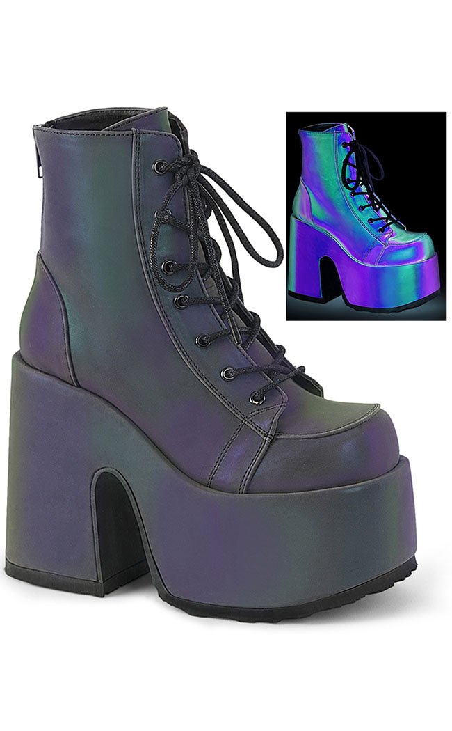 CAMEL-203 Green Multi Reflective Ankle Boots-Demonia-Tragic Beautiful