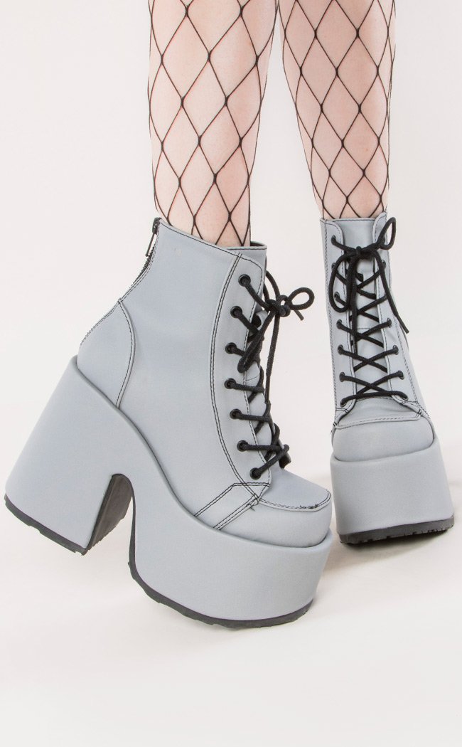 CAMEL-203 Grey Reflective Ankle Boots-Demonia-Tragic Beautiful