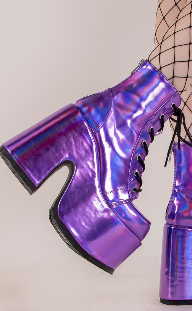 CAMEL-203 Purple Hologram Ankle Boots-Demonia-Tragic Beautiful