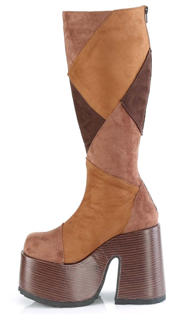 CAMEL-280 Brown Vegan Suede Patchwork Knee Boots-Demonia-Tragic Beautiful