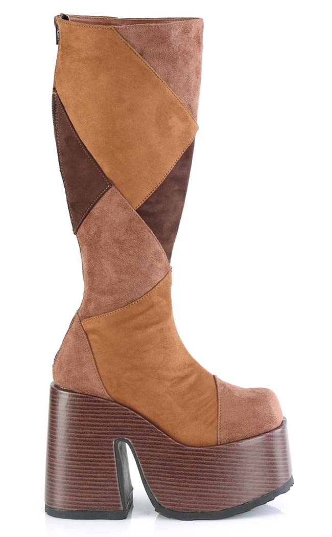 CAMEL-280 Brown Vegan Suede Patchwork Knee Boots-Demonia-Tragic Beautiful