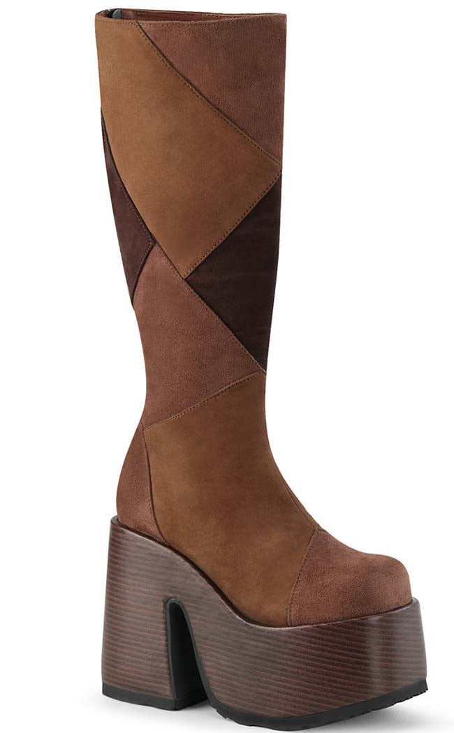 CAMEL-280 Brown Vegan Suede Patchwork Knee Boots-Demonia-Tragic Beautiful