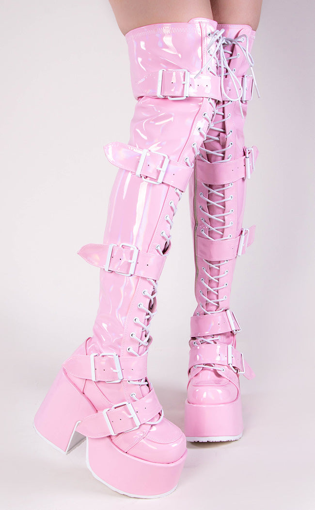 CAMEL-305 Baby Pink Holo Thigh High Boots-Demonia-Tragic Beautiful