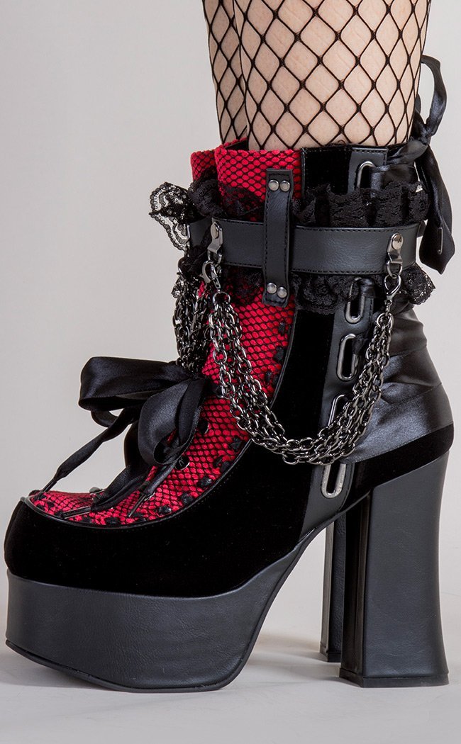 CHARADE-110 Black/Red Velvet Boots-Demonia-Tragic Beautiful