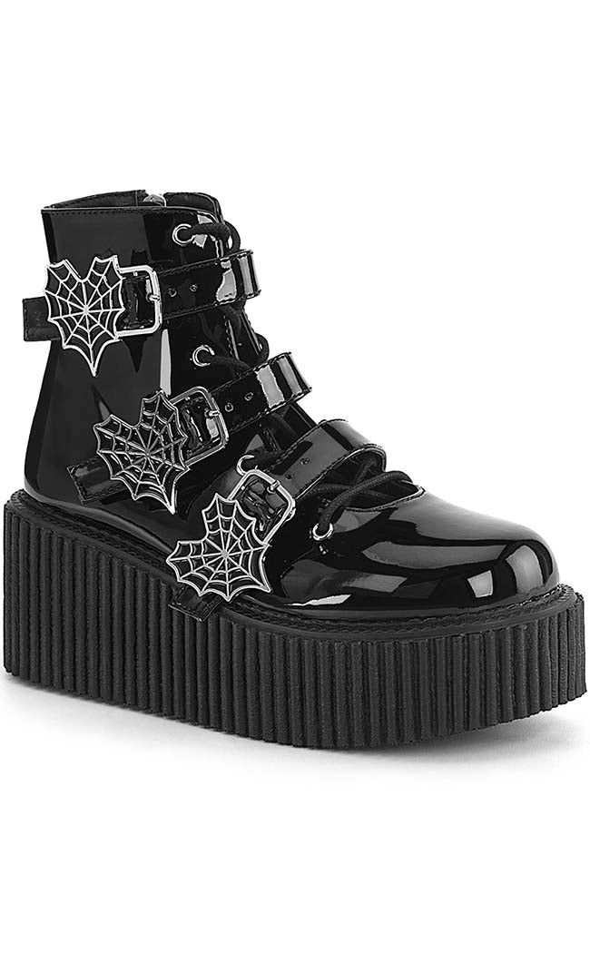 CREEPER-260 Black Patent Creeper Boots-Demonia-Tragic Beautiful