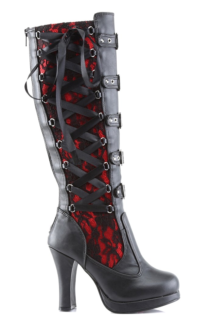 CRYPTO-106 Black & Red Lace Knee High Boots-Demonia-Tragic Beautiful