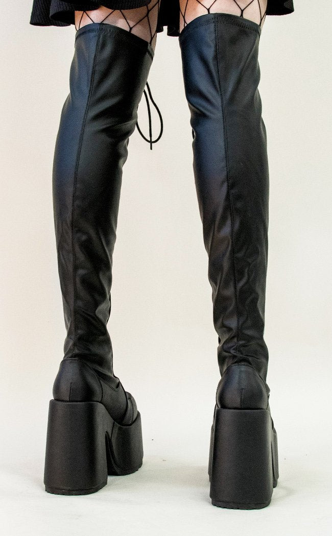 Camel-300 Black Matte Vegan Thigh High Boots-Demonia-Tragic Beautiful