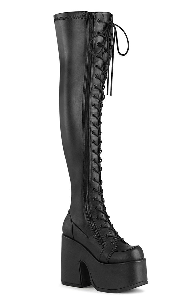 Camel-300 Black Matte Vegan Thigh High Boots-Demonia-Tragic Beautiful