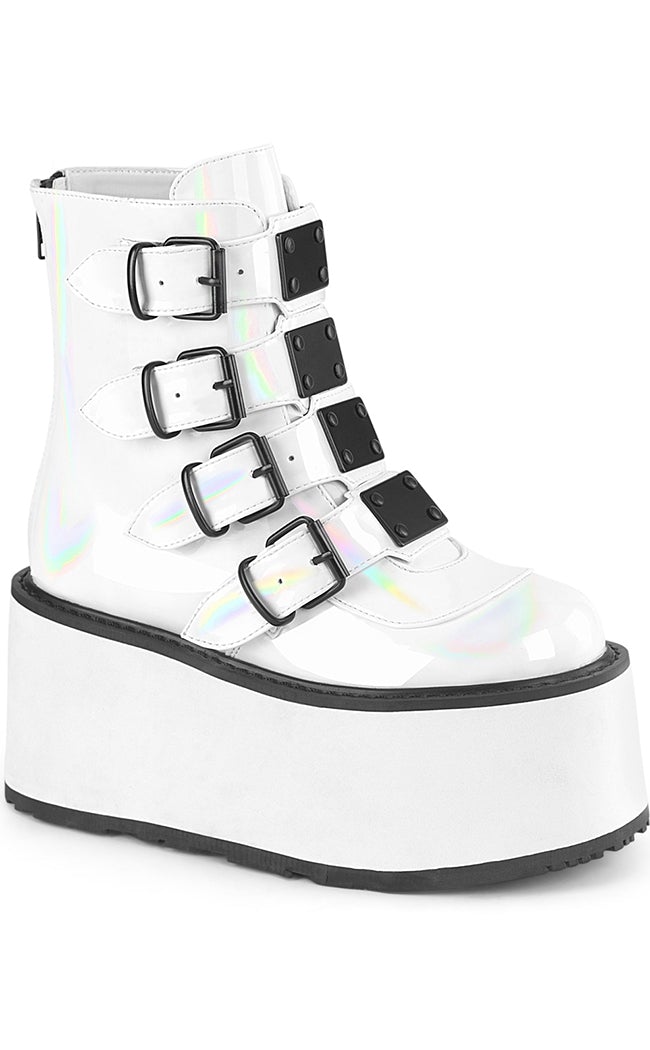 DAMNED-105 White Holo Flatform Ankle Boots-Demonia-Tragic Beautiful