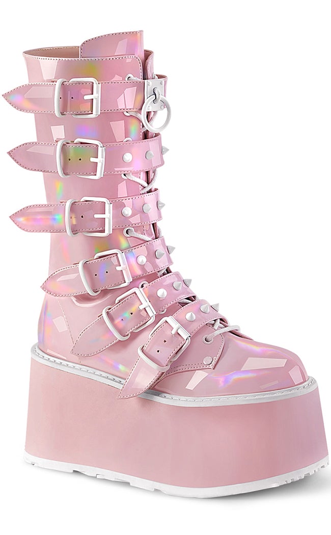 DAMNED-225 Baby Pink Holographic Boots-Demonia-Tragic Beautiful