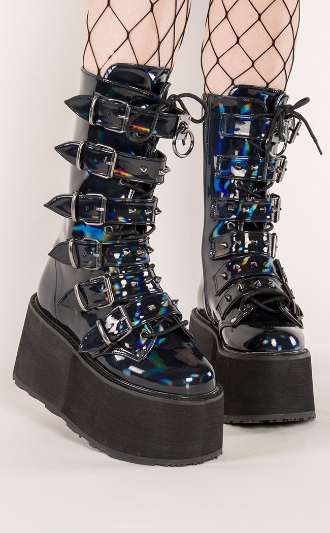 Demonia Damned 225 Lace-Up Mid-Calf Hologram Platform Boots