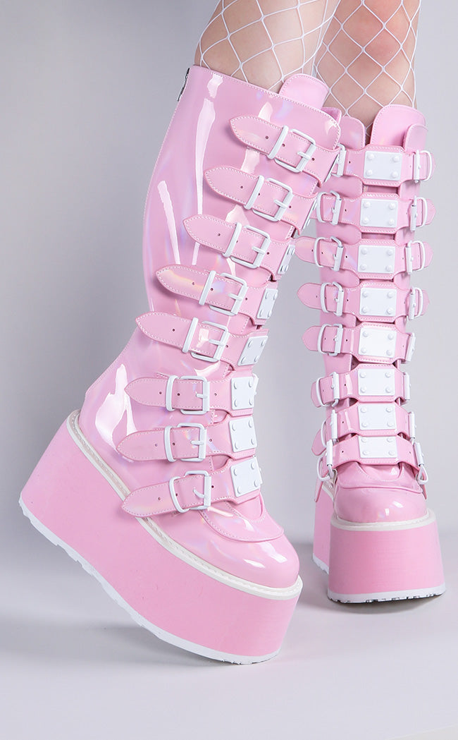 Demonia DAMNED-318 Pink Holographic Boots Gothic Alt Shoes Australia
