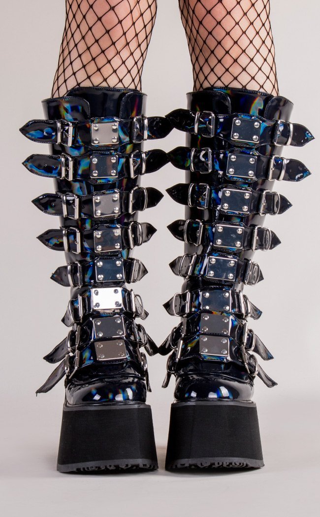 DAMNED-318 Black Hologram Vegan Leather Boots-Demonia-Tragic Beautiful