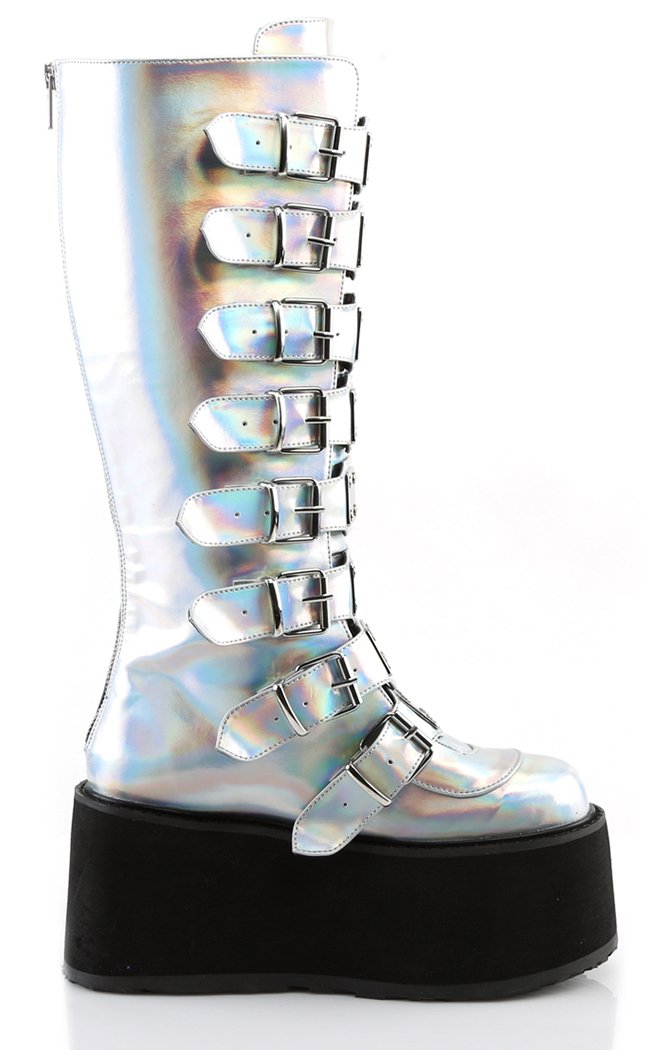 DAMNED-318 Silver Hologram Vegan Leather Boots-Demonia-Tragic Beautiful