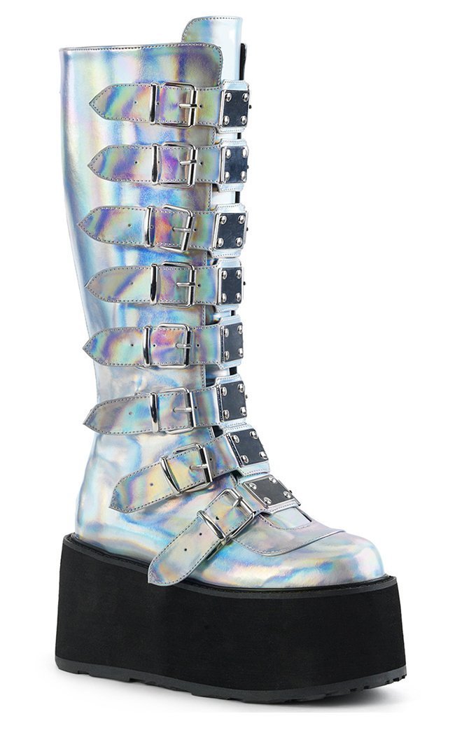 DAMNED-318 Silver Hologram Vegan Leather Boots-Demonia-Tragic Beautiful