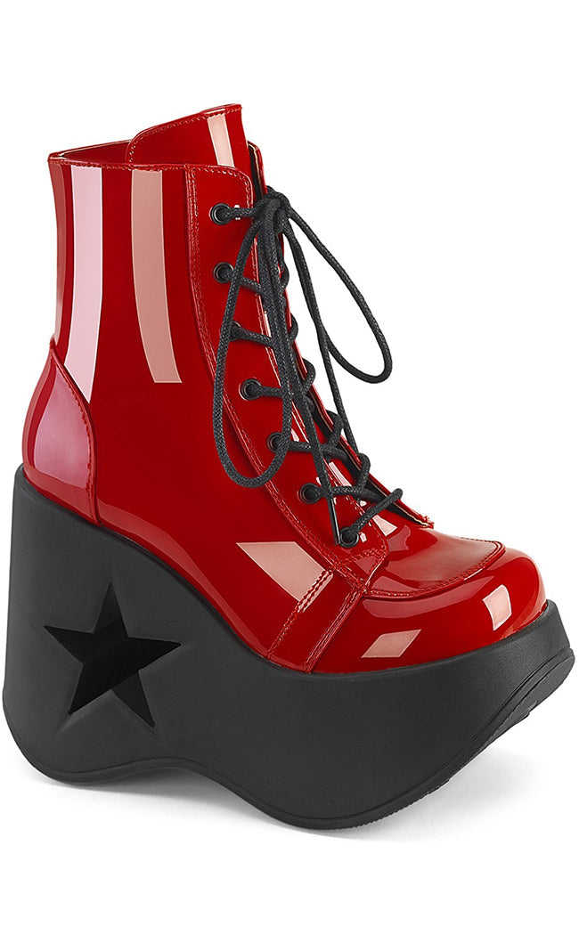 DYNAMITE-106 Red Patent Ankle Boots-Demonia-Tragic Beautiful