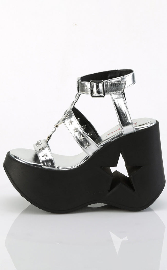 DYNAMITE-12 Silver Metallic Wedge Sandals-Demonia-Tragic Beautiful