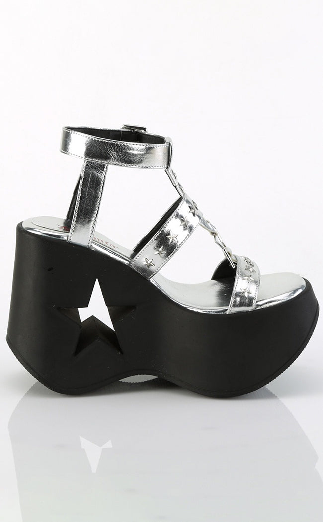 DYNAMITE-12 Silver Metallic Wedge Sandals-Demonia-Tragic Beautiful