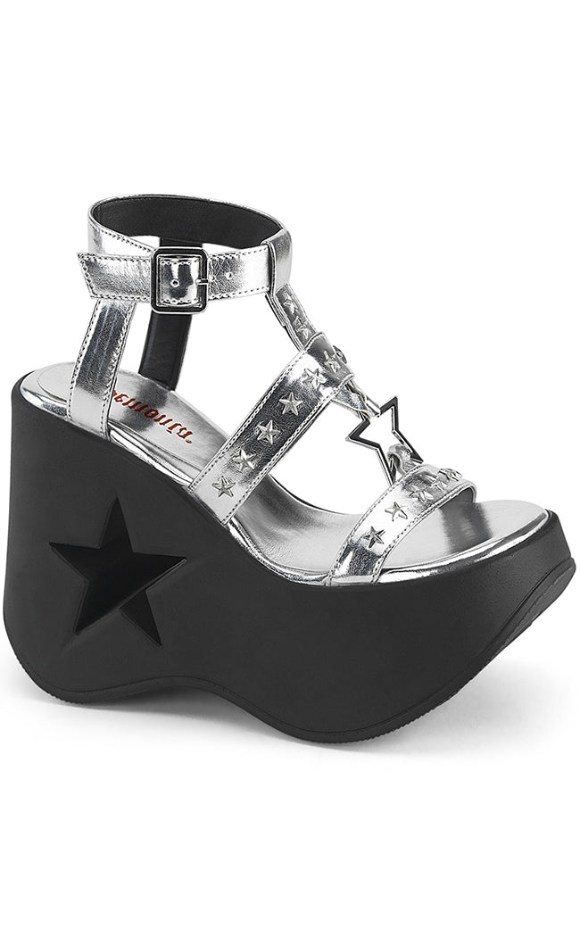 DYNAMITE-12 Silver Metallic Wedge Sandals-Demonia-Tragic Beautiful