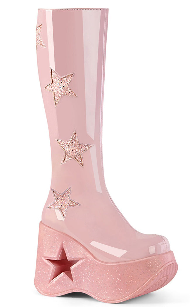 DYNAMITE-218 Baby Pink Patent/Glitter Knee Boots-Demonia-Tragic Beautiful