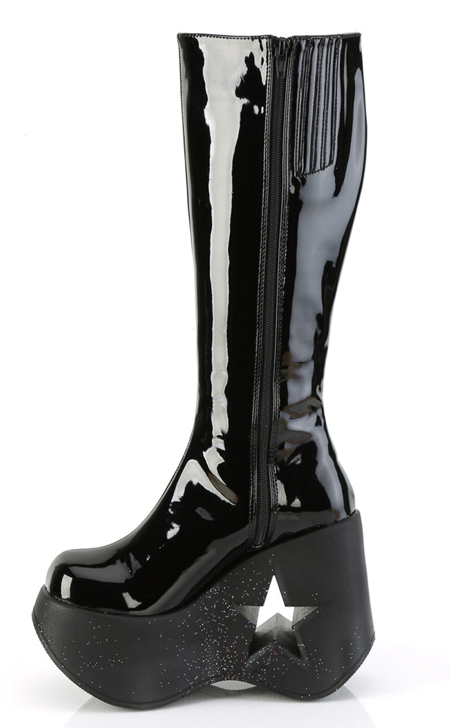 DYNAMITE-218 Black Patent/Glitter Knee Boots-Demonia-Tragic Beautiful