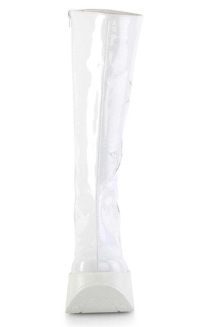 DYNAMITE-218 White Patent/Glitter Knee Boots-Demonia-Tragic Beautiful