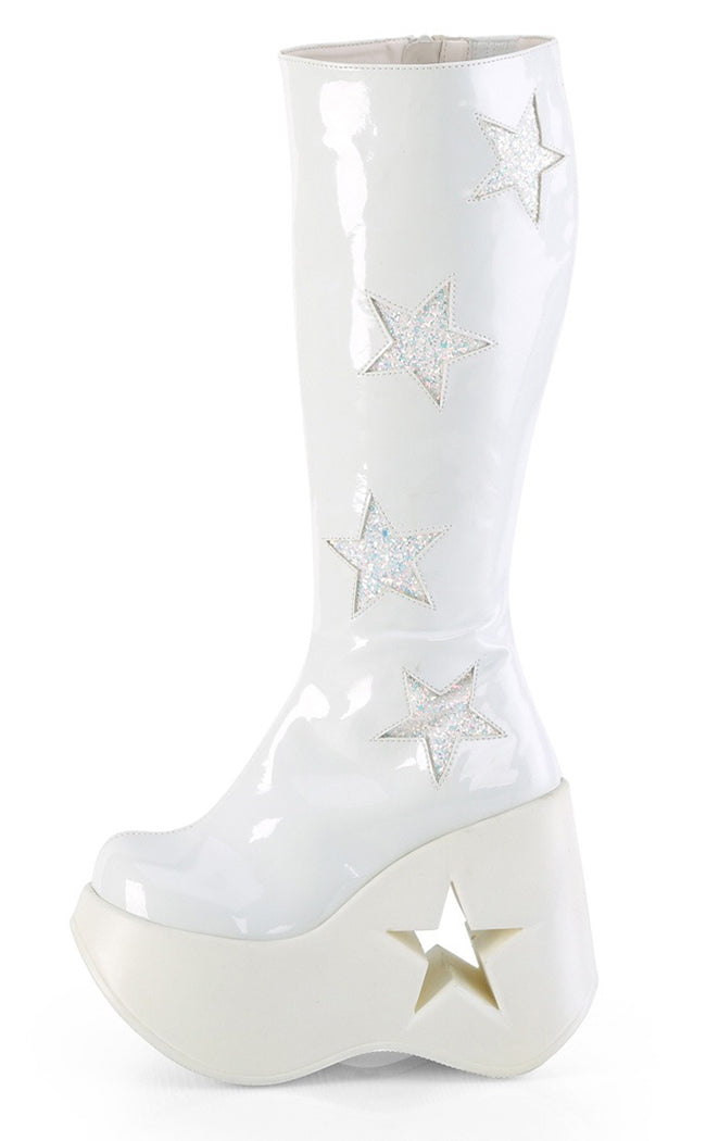 DYNAMITE-218 White Patent/Glitter Knee Boots-Demonia-Tragic Beautiful