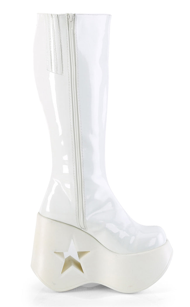 DYNAMITE-218 White Patent/Glitter Knee Boots-Demonia-Tragic Beautiful