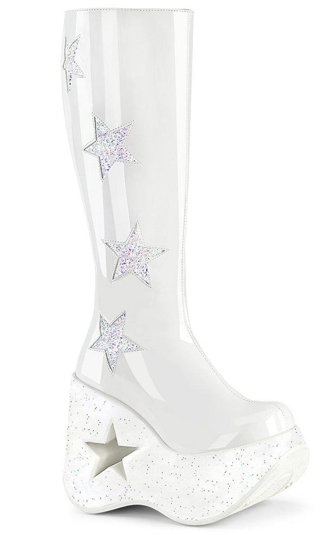 DYNAMITE-218 White Patent/Glitter Knee Boots-Demonia-Tragic Beautiful