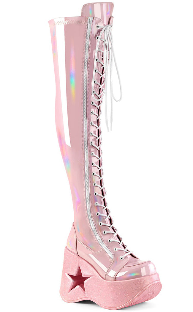Pink Thigh High Boots Aus DYNAMITE-300 Pink Stretch Patent Thigh