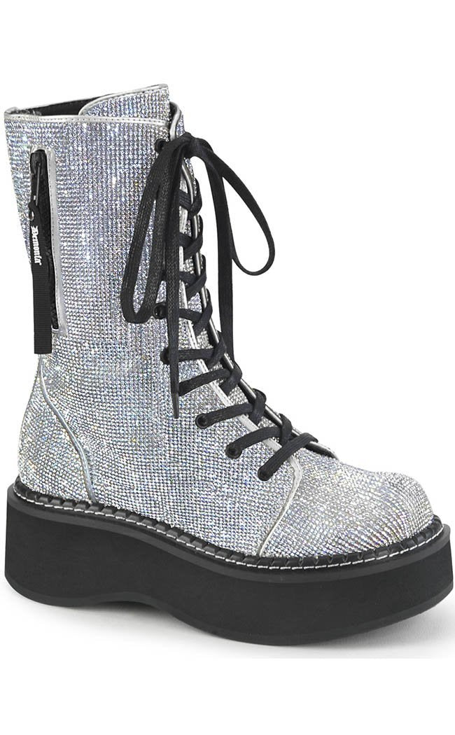 EMILY-362 Silver Rhinestone Combat Boots-Demonia-Tragic Beautiful