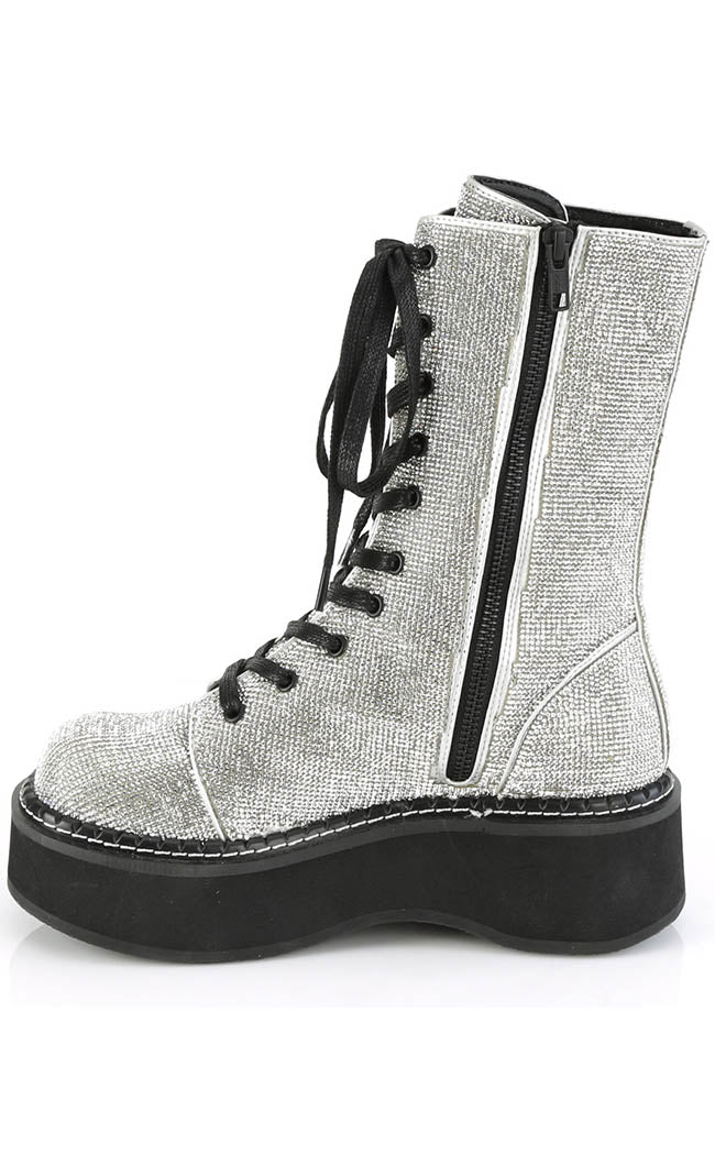 EMILY-362 Silver Rhinestone Combat Boots-Demonia-Tragic Beautiful