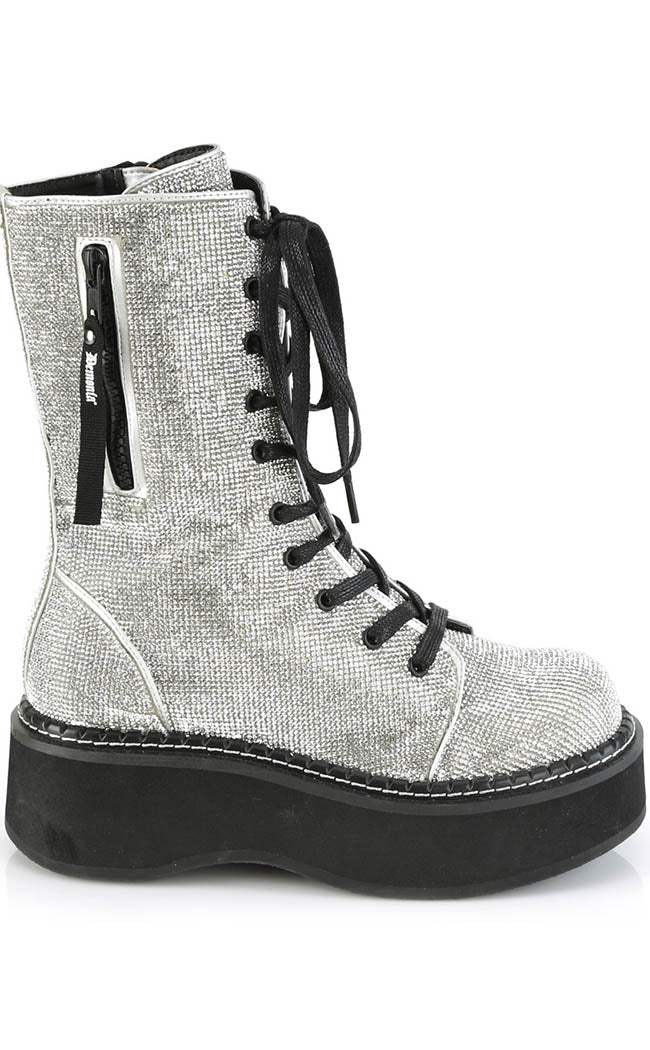 EMILY-362 Silver Rhinestone Combat Boots-Demonia-Tragic Beautiful