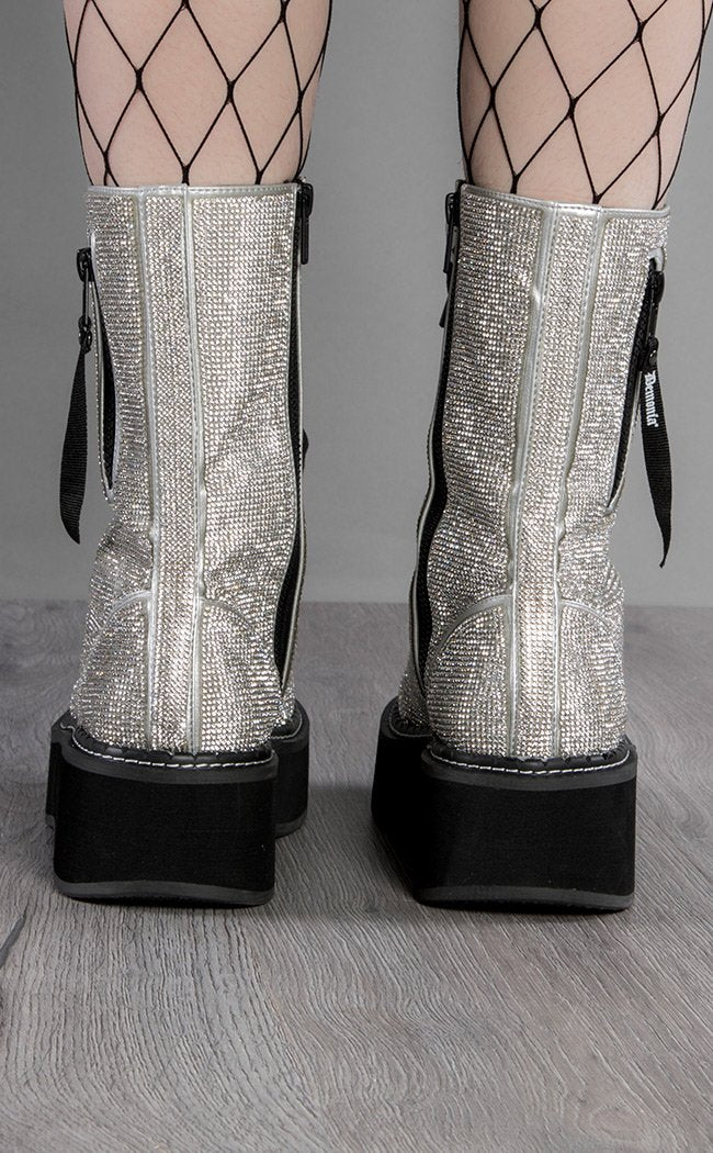 EMILY-362 Silver Rhinestone Combat Boots (Au Stock)-Demonia-Tragic Beautiful