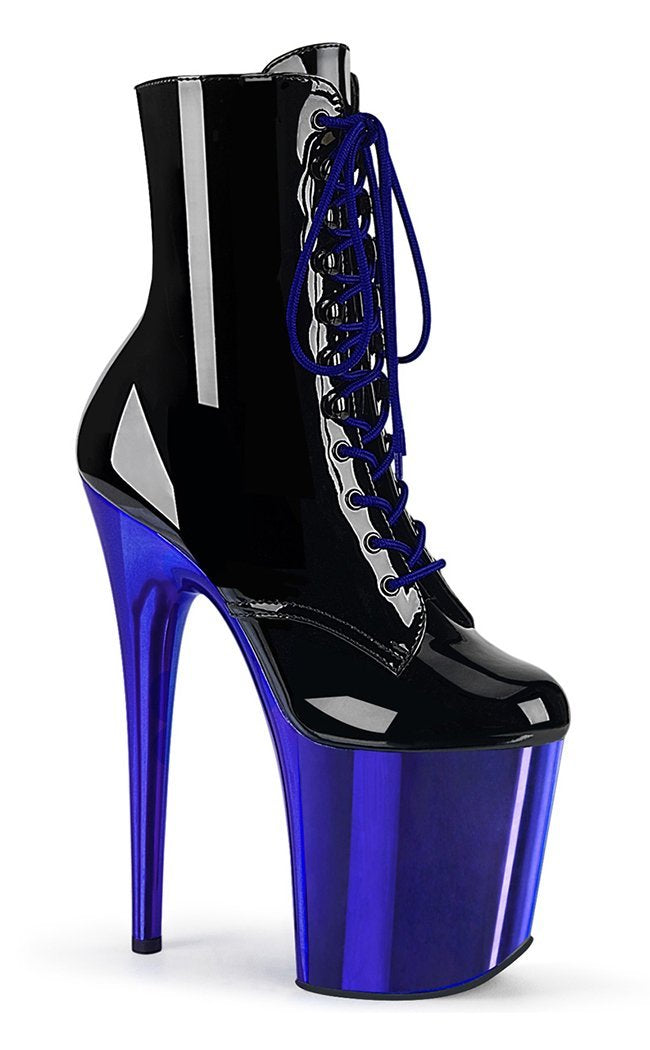 FLAMINGO-1020 Black Patent Royal Blue Chrome Boots-Pleaser-Tragic Beautiful
