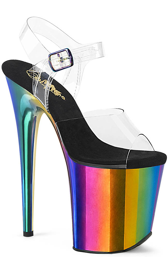 FLAMINGO-808RC Clear & Rainbow Chrome Heels-Pleaser-Tragic Beautiful