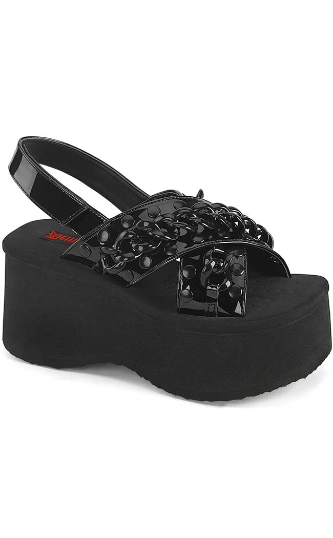 FUNN-12 Black Patent Chain Slides-Demonia-Tragic Beautiful