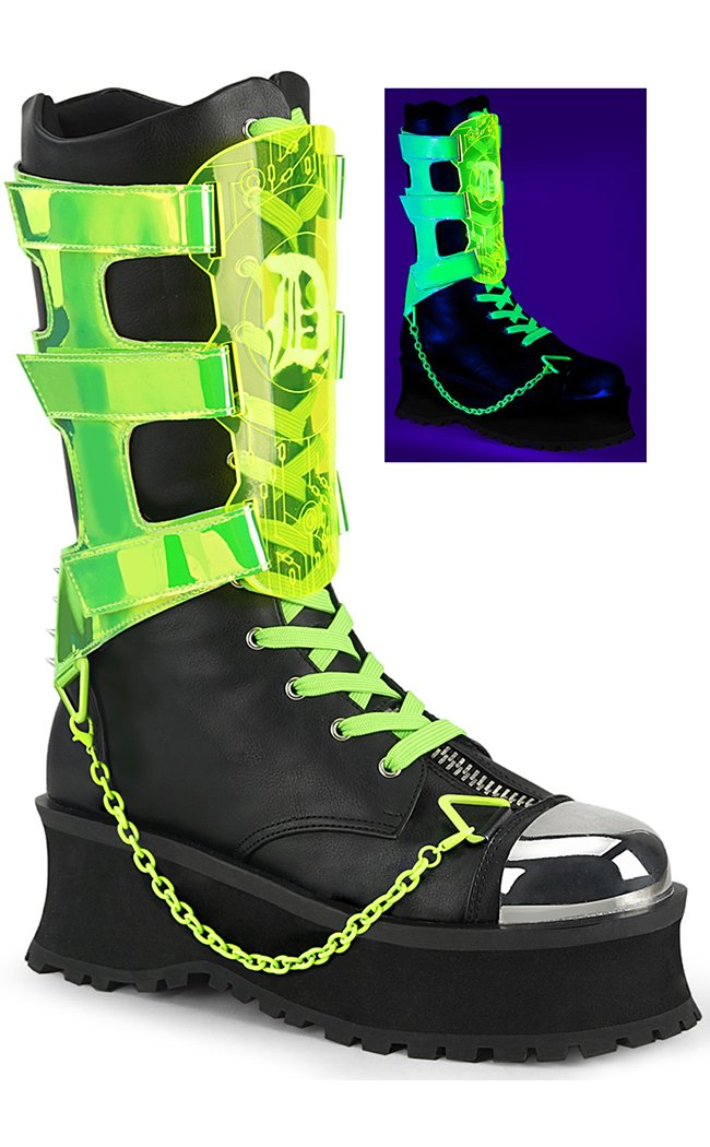 GRAVEDIGGER-255 Black & UV Green Harness Boots-Demonia-Tragic Beautiful