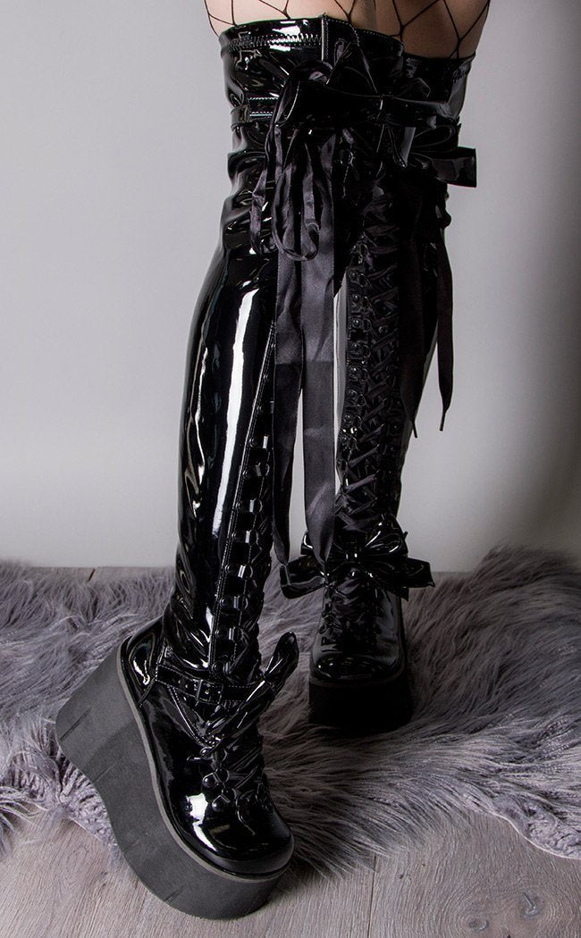 Kera-303 Black Patent Thigh High Boots-Demonia-Tragic Beautiful