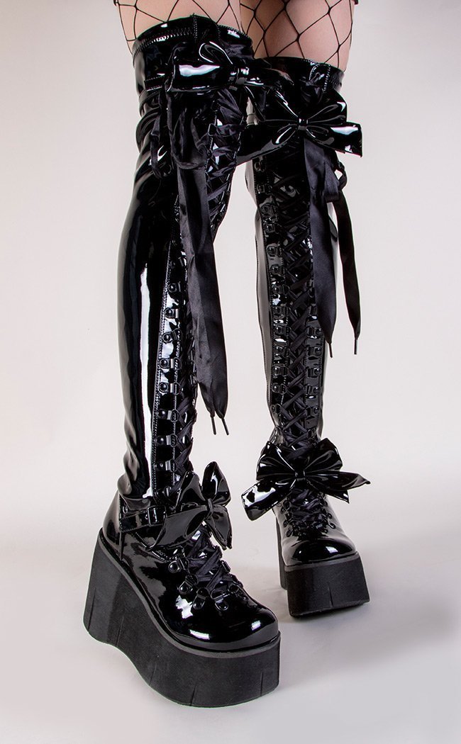 Demonia KERA-303 Black Patent Thigh High Boots Goth Shoes Australia