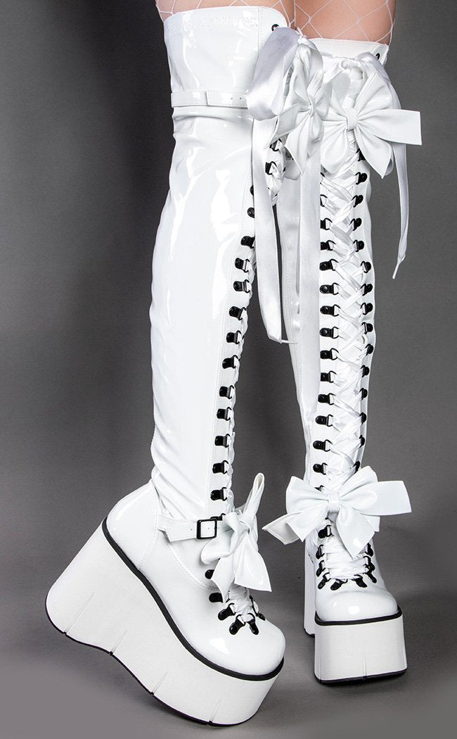 Demonia KERA-303 White Patent Thigh High Boots Goth Shoes Australia