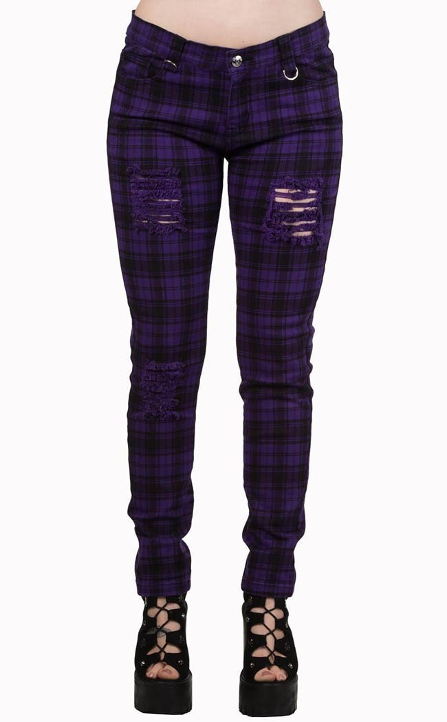 Eat The Rich Tartan Jeans Purple-Banned Apparel-Tragic Beautiful