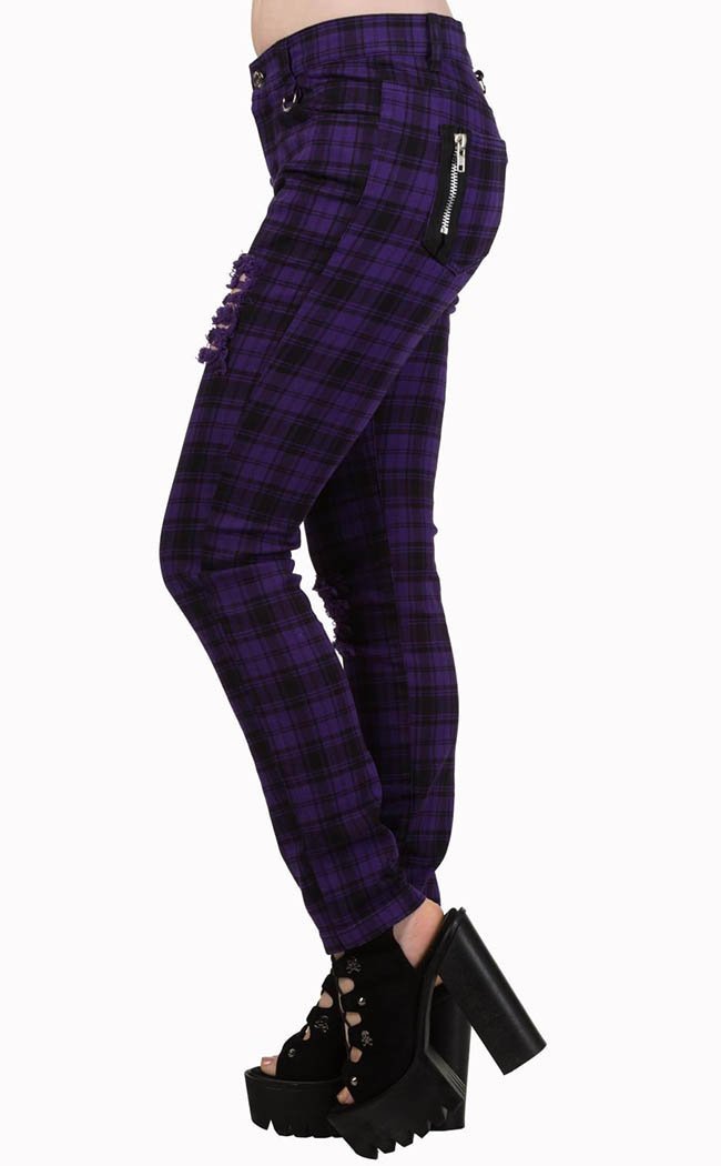 Eat The Rich Tartan Jeans Purple-Banned Apparel-Tragic Beautiful