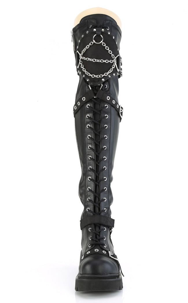 RENEGADE-320 Black Stretch Thigh High Boots-Demonia-Tragic Beautiful