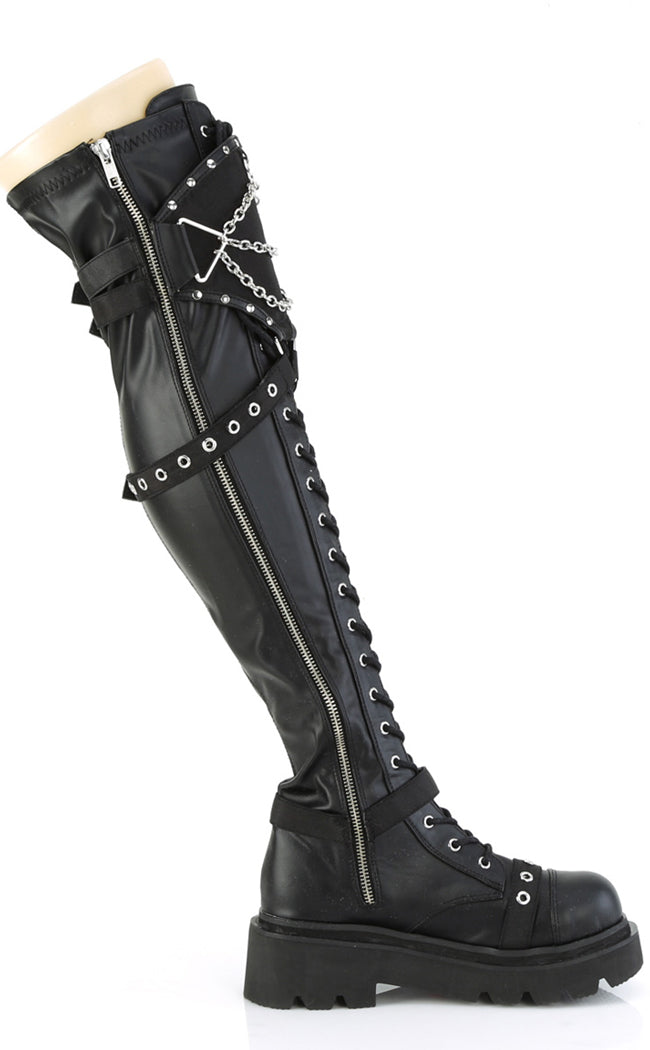 RENEGADE-320 Black Stretch Thigh High Boots-Demonia-Tragic Beautiful